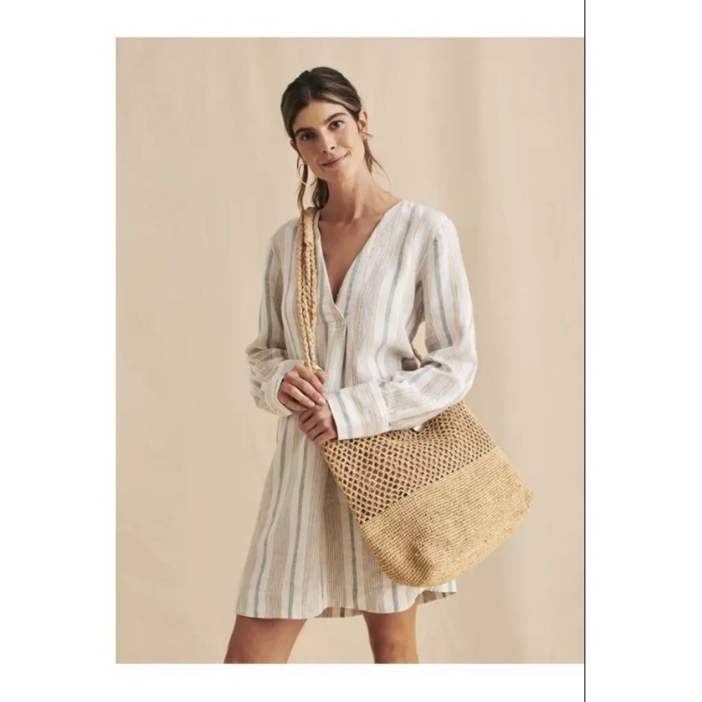 Faherty Tunic Dress Women Small Multi Striped Beach Days Rialto Vneck 100% Linen - Picture 2 of 12